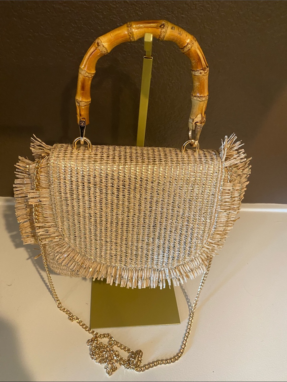Tommy Bahama Natural Straw Crossbody with Bamboo Top Handle and Gold Chain